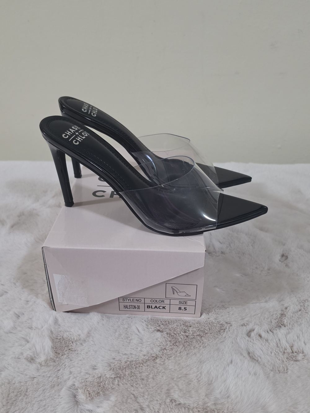 Chaser Black Pointed PVC Strap Stiletto Mules